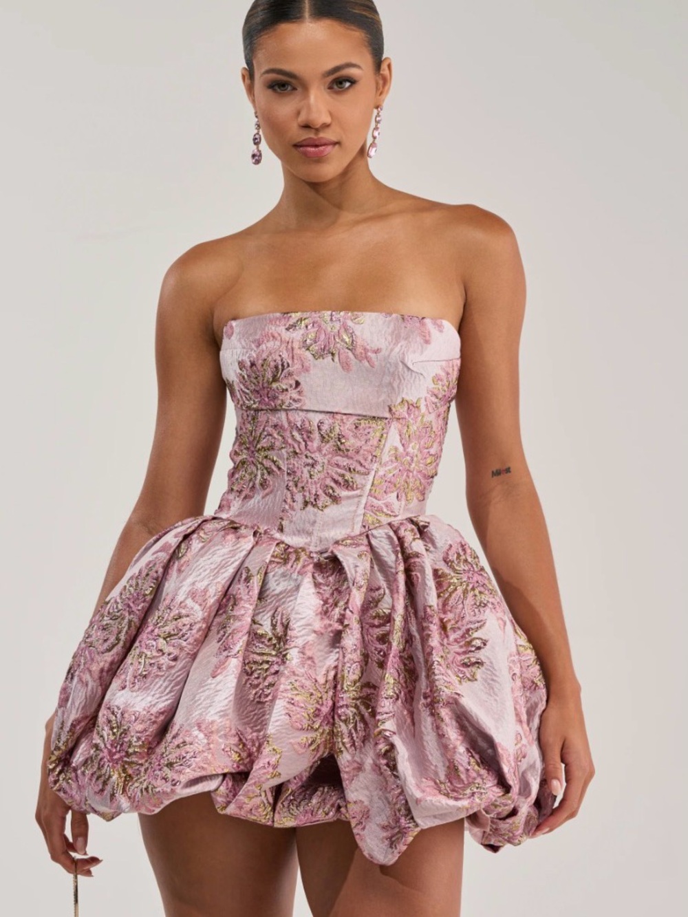 AKIRA Pink and Gold Strapless Floral Bubble Mini Dress